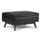 Front. Simpli Home - Owen 34 inch Wide Mid Century Modern Rectangle Coffee Table Storage Ottoman - Distressed Black.
