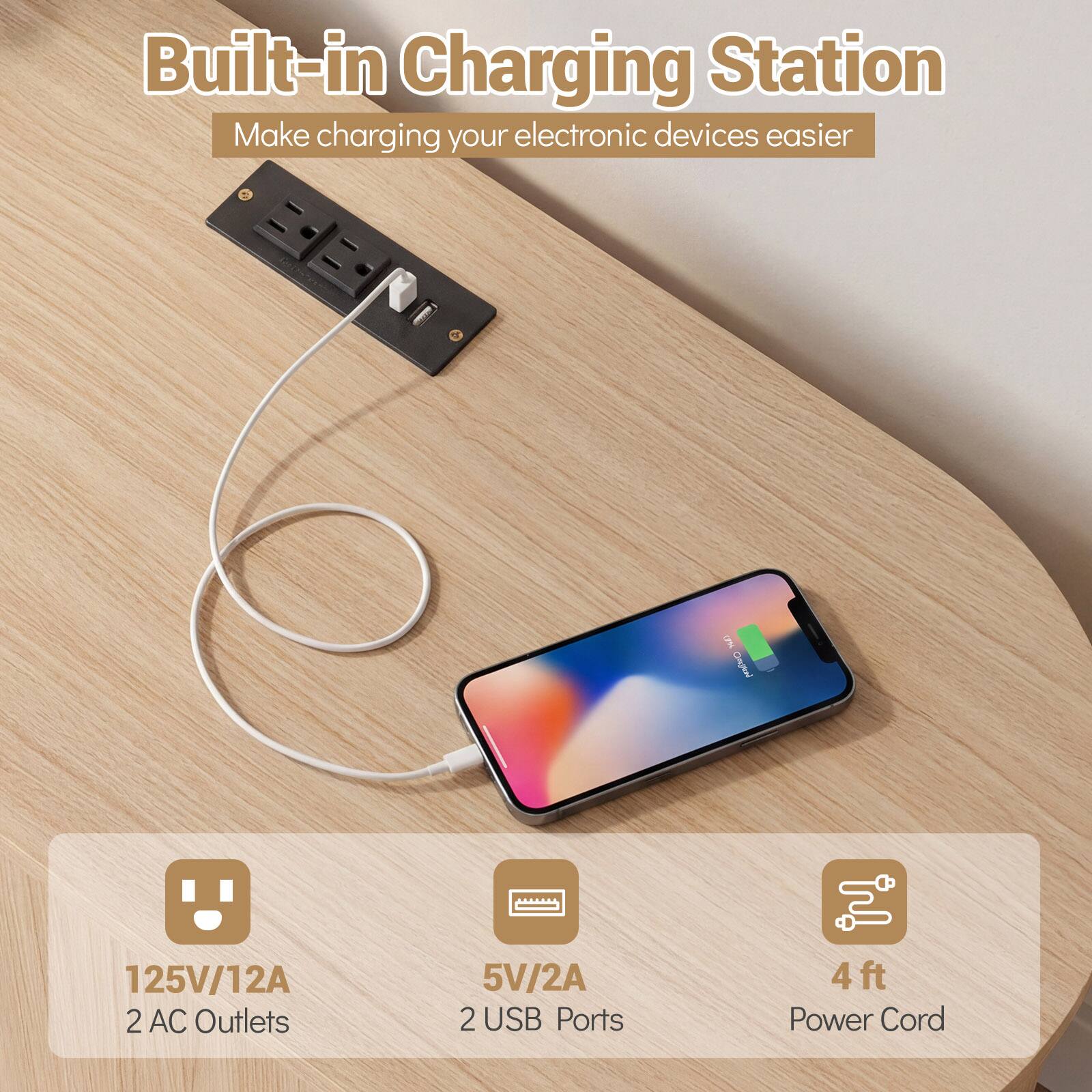 Built-in Charging Station  
Make charging your electronic devices easier  

125V/12A  
2 AC Outlets  

5V/2A  
2 USB Ports  

4 ft Power Cord