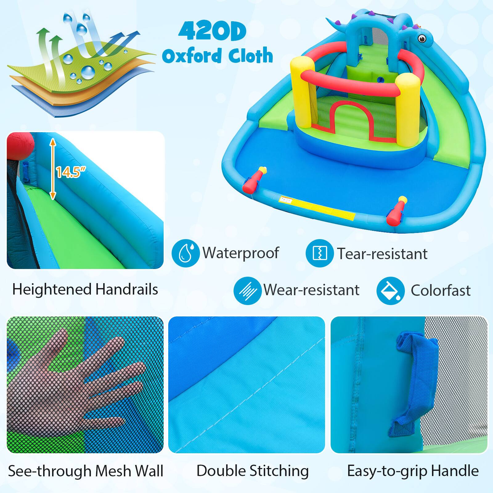 420D Oxford Cloth  
14.5" O  
Waterproof  
Tear-resistant  
Heightened Handrails  
Wear-resistant  
Colorfast  
See-through Mesh Wall  
Double Stitching  
Easy-to-grip Handle