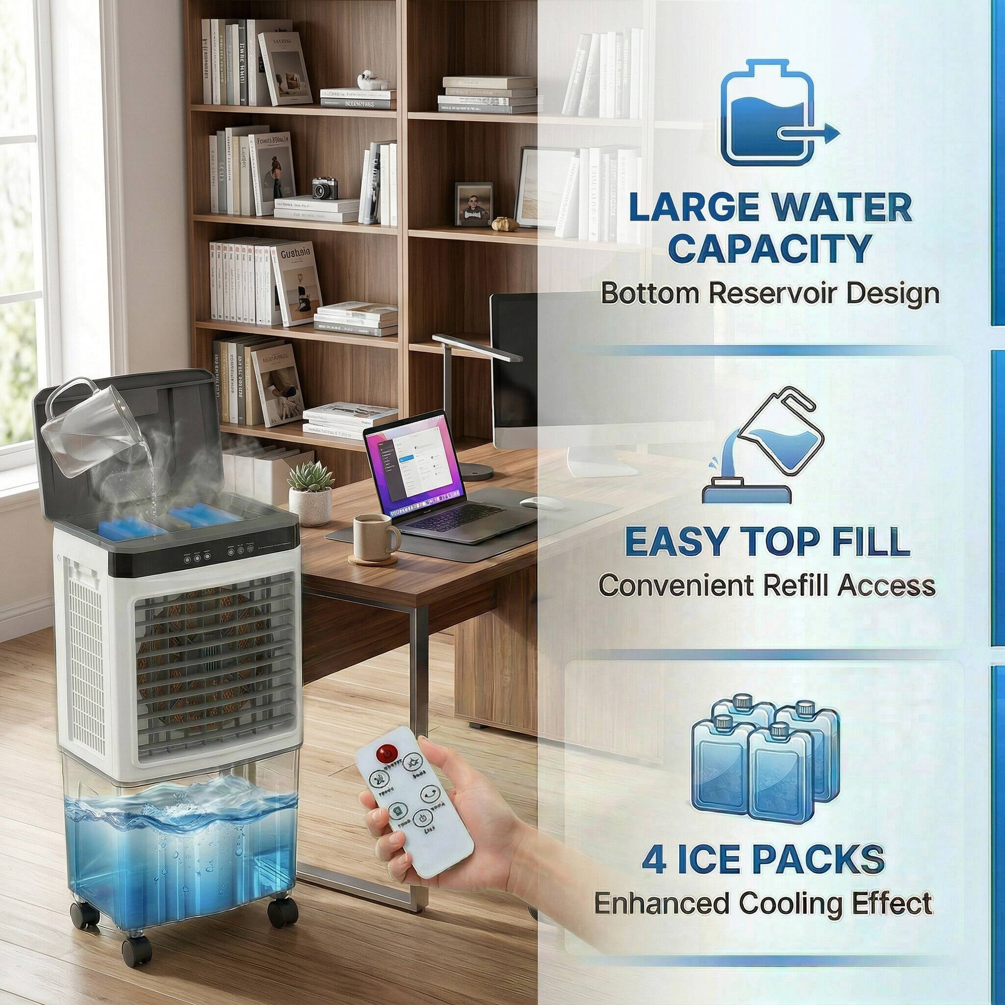 - LARGE WATER CAPACITY
  - Bottom Reservoir Design

- EASY TOP FILL
  - Convenient Refill Access

- 4 ICE PACKS
  - Enhanced Cooling Effect