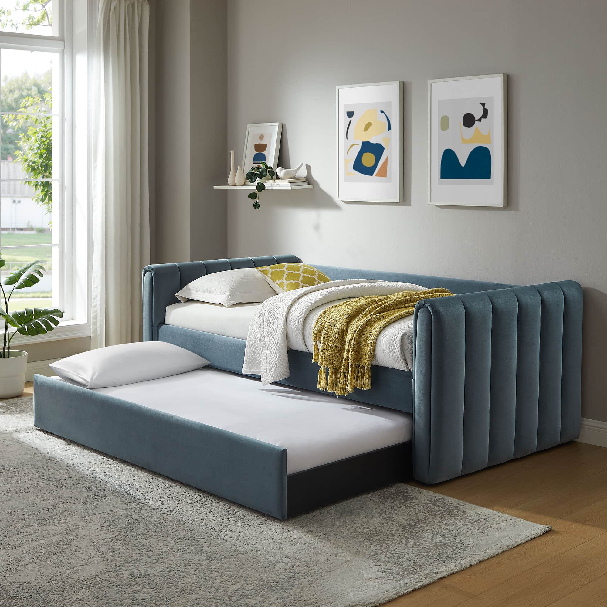 Veyla Channel Tufted Performance Velvet Twin Daybed With Trundle by Modway - Cadet Blue
