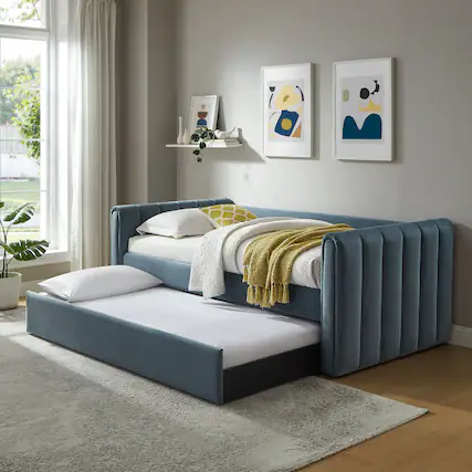 Front. Modway - Veyla Channel Tufted Performance Velvet Twin Daybed With Trundle by Modway - Cadet Blue.