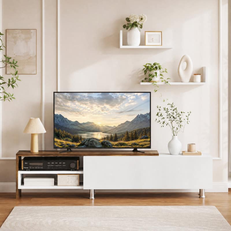 WELLFOR - Farmhouse TV Stand for 65-80 inch TV, Wood Entertainment Center with Cabinet and Compartments for Living Room - White