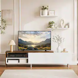 WELLFOR - Farmhouse TV Stand for 65-80 inch TV, Wood Entertainment Center with Cabinet and Compartments for Living Room - White