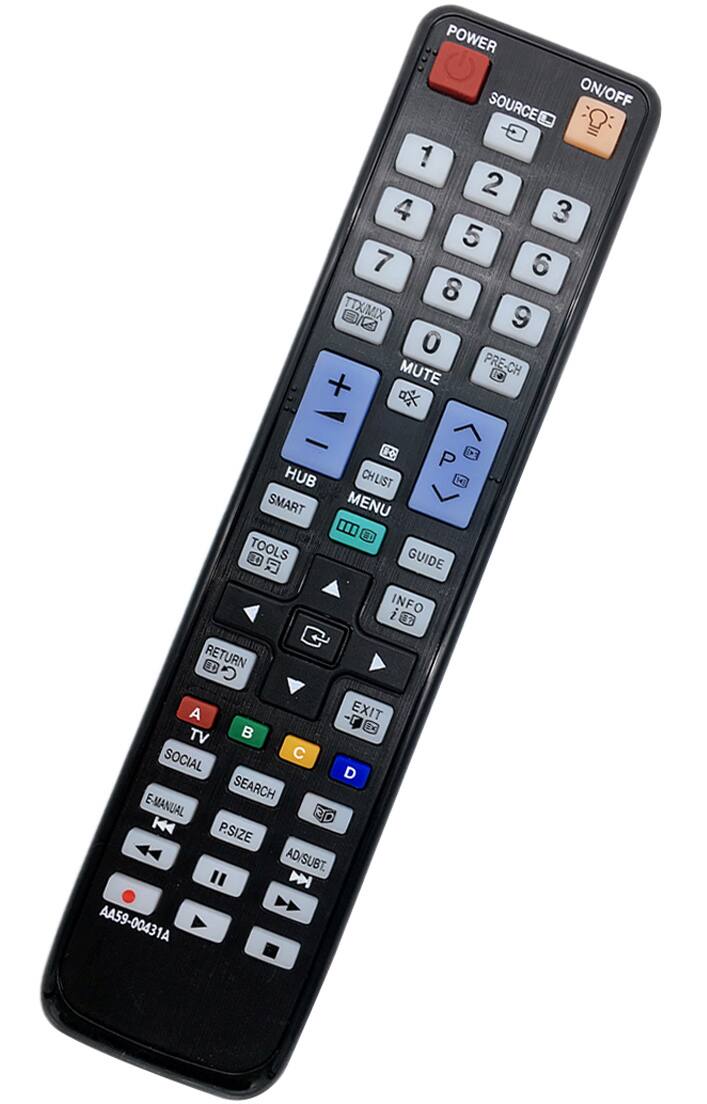 POWER SOURCE ON/OFF  
1 2 4 3 5 7 6 8  
TTX/MIX  
9 0  
MUTE  
PRE-CH +  
E3 P  
HUB  
CHLIST  
SMART  
MENU  
TOOLS  
GUIDE  
i  
INFO  
RETURN  
80 A  
EXIT  
TV  
SOCIAL  
C  
D  
SEARCH  
E-MANUAL  
3D  
P.SIZE  
AD/SUBT.  
AA59-00431A