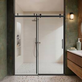 Koligey - 56-60"W x 76"H Soft-Close Semi-Frameless Sliding Shower Door with Buffer Damping System,10mmTempered Glass - Black