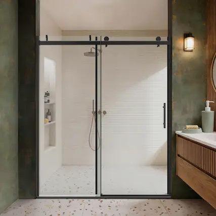 Front. Koligey - 56-60"W x 76"H Soft-Close Semi-Frameless Sliding Shower Door with Buffer Damping System,10mmTempered Glass - black.