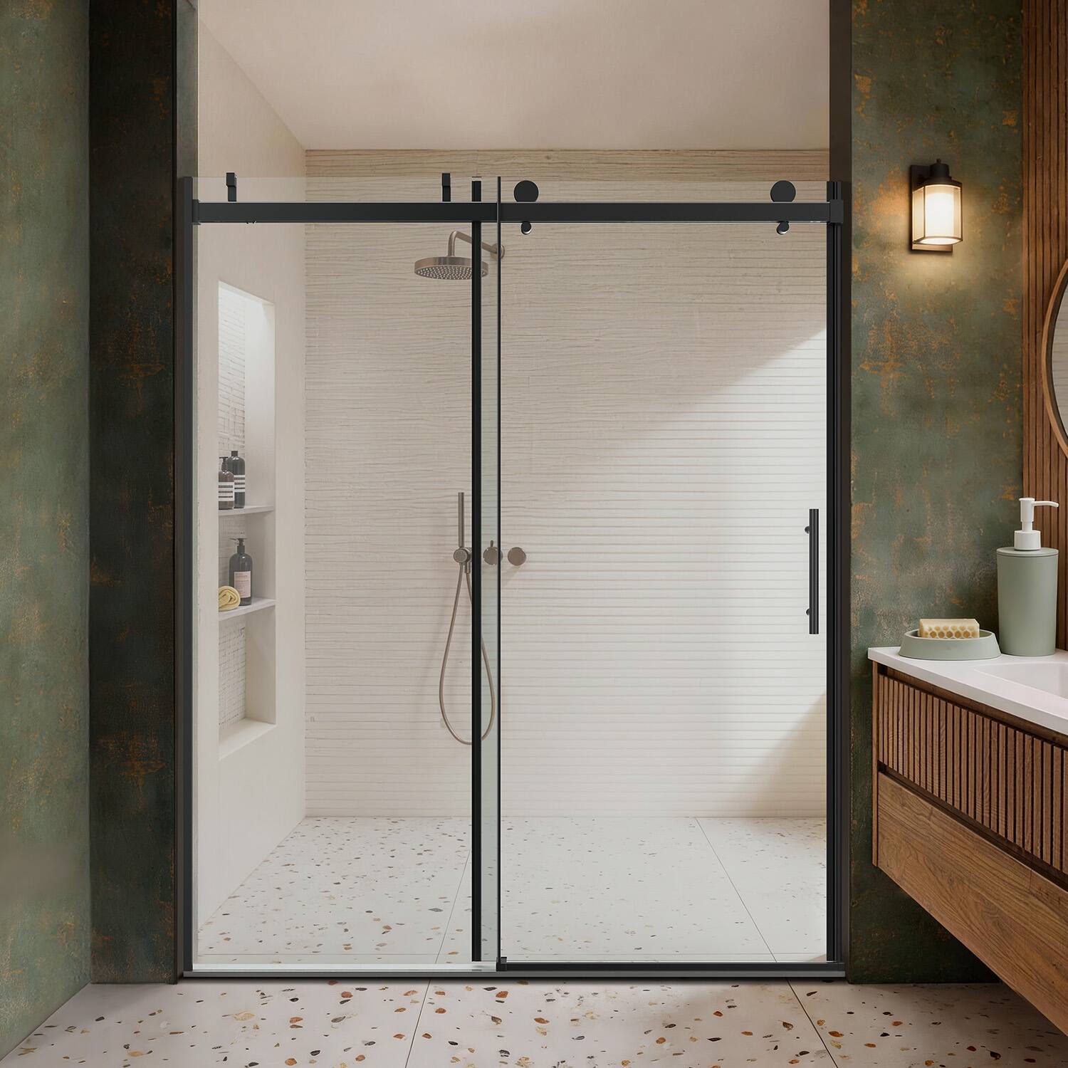 Front. Koligey - 56-60"W x 76"H Soft-Close Semi-Frameless Sliding Shower Door with Buffer Damping System,10mmTempered Glass - black.