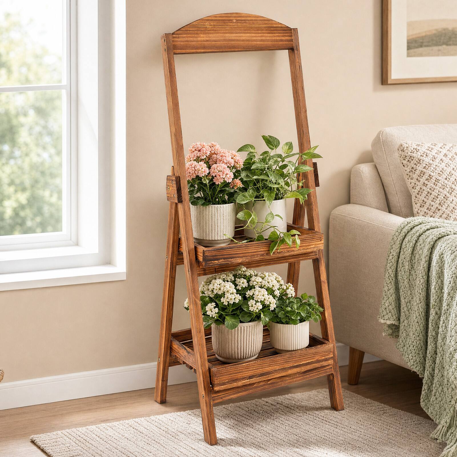 Alt View 3. Costway - Costway 2-Tier Ladder Shelf with Fir Wood Frame, Raised Edges & Open Design for Balcony - Rustic Brown.