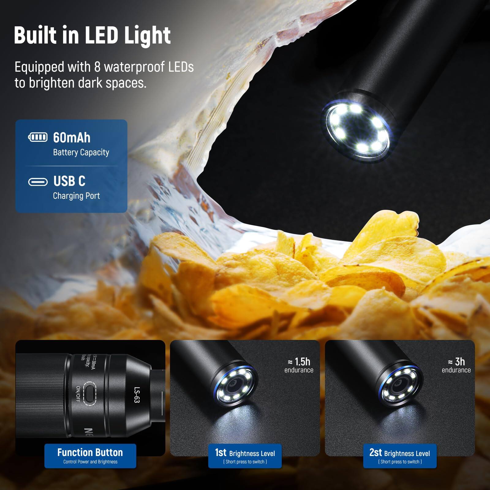 Built in LED Light  
Equipped with 8 waterproof LEDs to brighten dark spaces.  

60mAh Battery Capacity  
USB C Charging Port  

Function Button  
Control Power and Brightness  

1st Brightness Level  
Short press to switch  

2nd Brightness Level  
Short press to switch  

1.5h endurance  
3h endurance