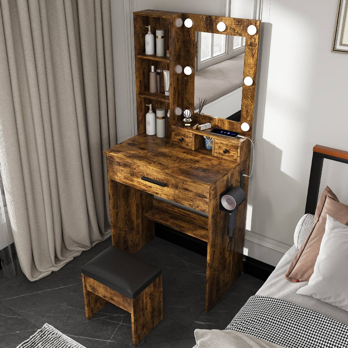 Angle. Loheer - Loheer Makeup Vanity with Mirror and LED Lights, Vintage Dressing Table with Stool for Bedroom - Vintage.