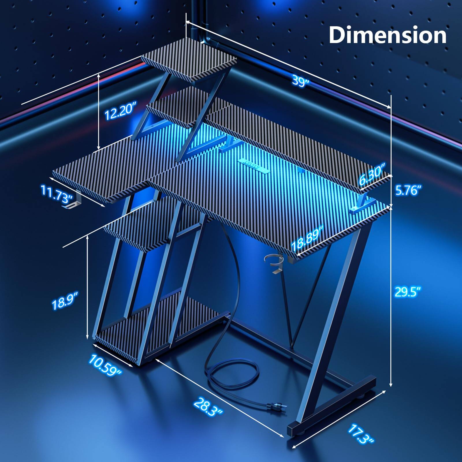 Dimension  
12.20"  
39"  
11.73"  
18.89"  
6.30"  
5.76"  
18.9"  
29.5"  
10.59"  
28.3"  
17.3"