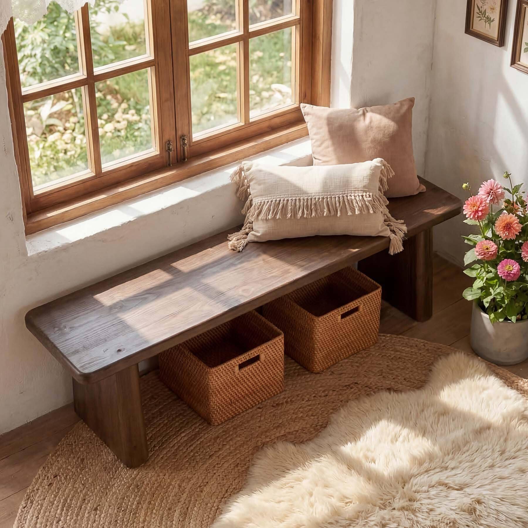 Alt View 3. Tribesigns - Solid Wood Entryway Bench, 55.1" Farmhouse Shoe Bench - Brown.