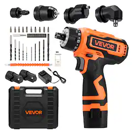 VEVOR - Cordless Drill Driver,5-In-1,Metal Chuck,Dual-Speed Variable,Drill Driver Kit with 2Lithium Batteries and Charger - Orange, black