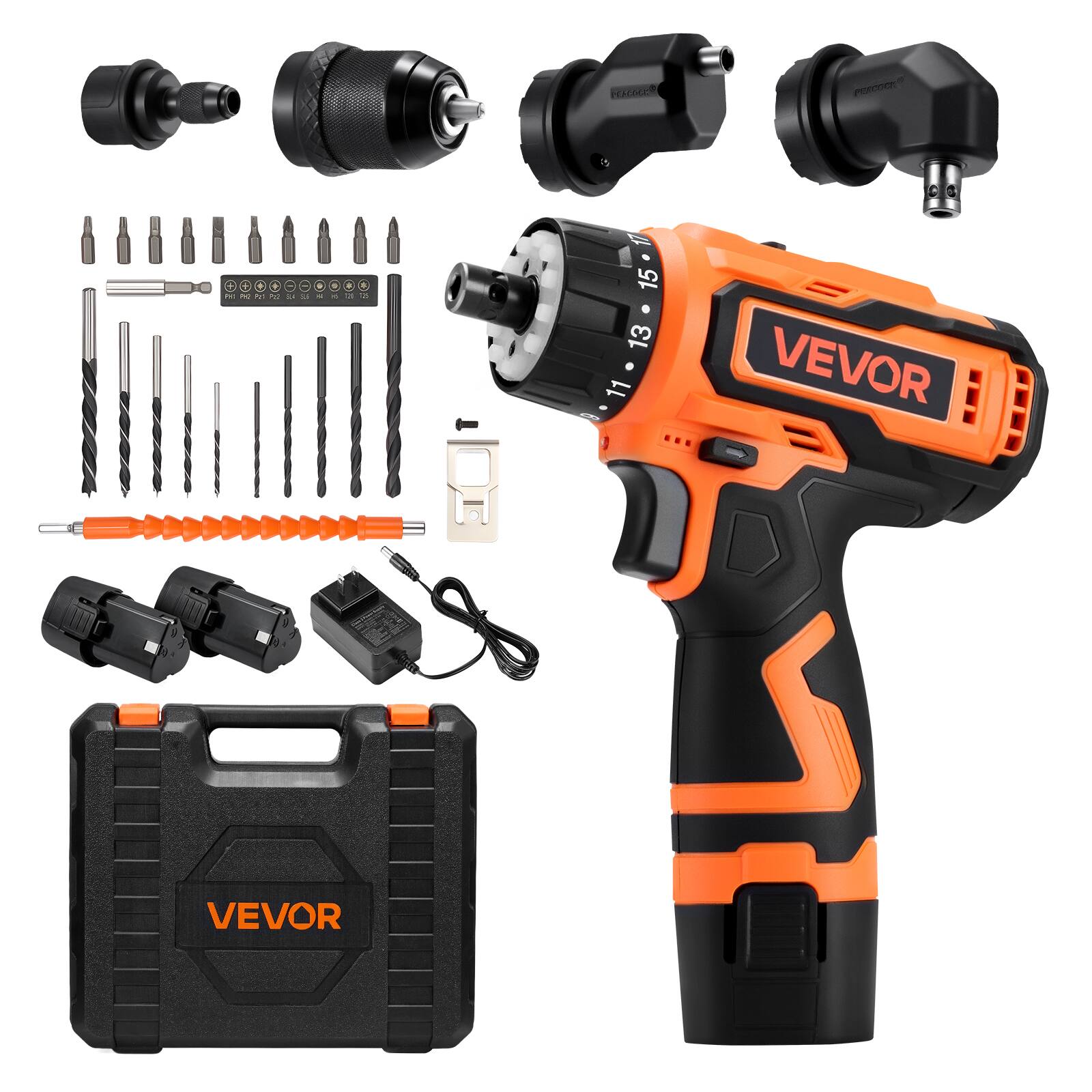 VEVOR - Cordless Drill Driver,5-In-1,Metal Chuck,Dual-Speed Variable,Drill Driver Kit with 2Lithium Batteries and Charger - Orange, black
