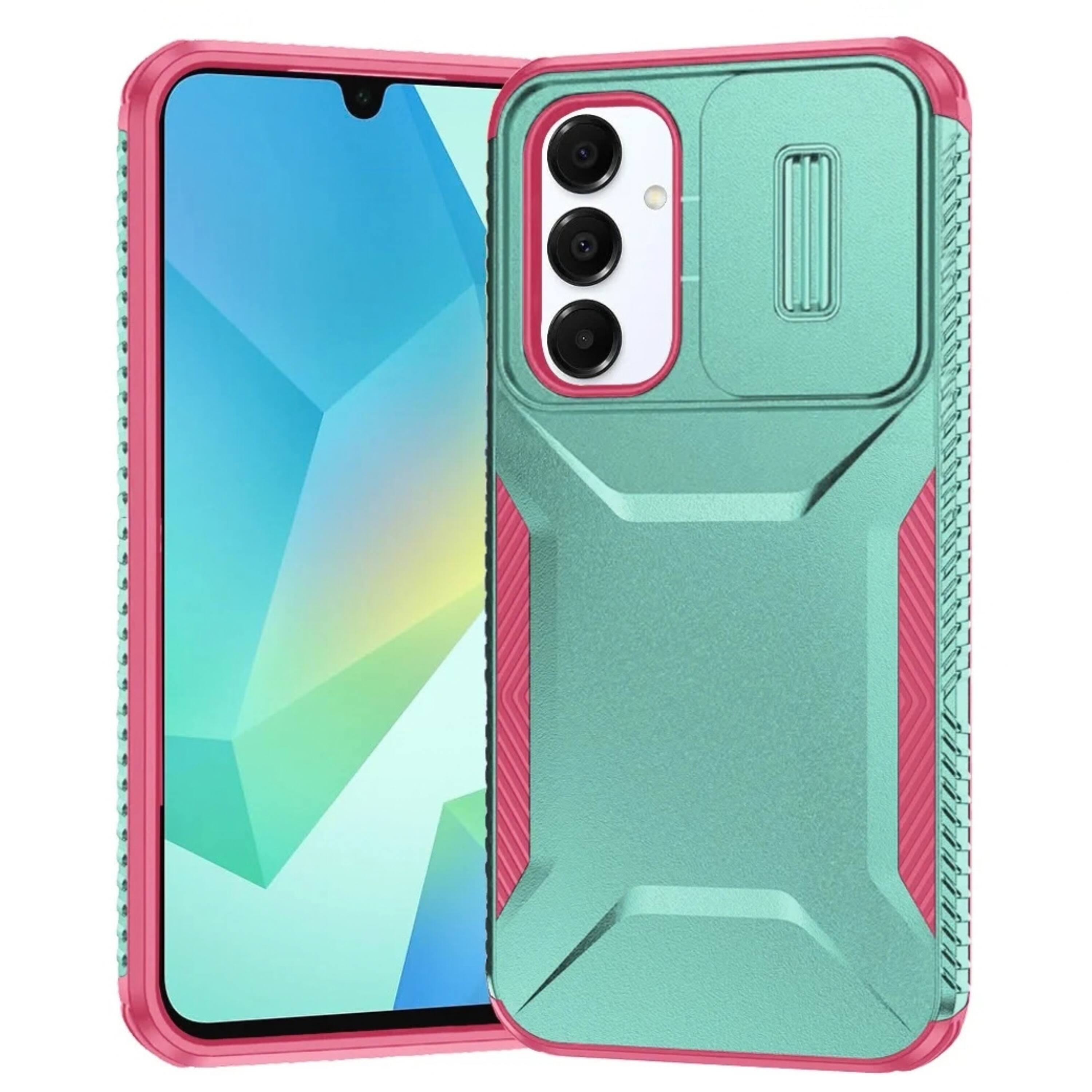 Front. Kitcheniva - Rugged Side Grip Dual Layer Sliding Rear Lens Phone Case With Tempered Glass For Samsung A16 5G Teal Pink - Teal.