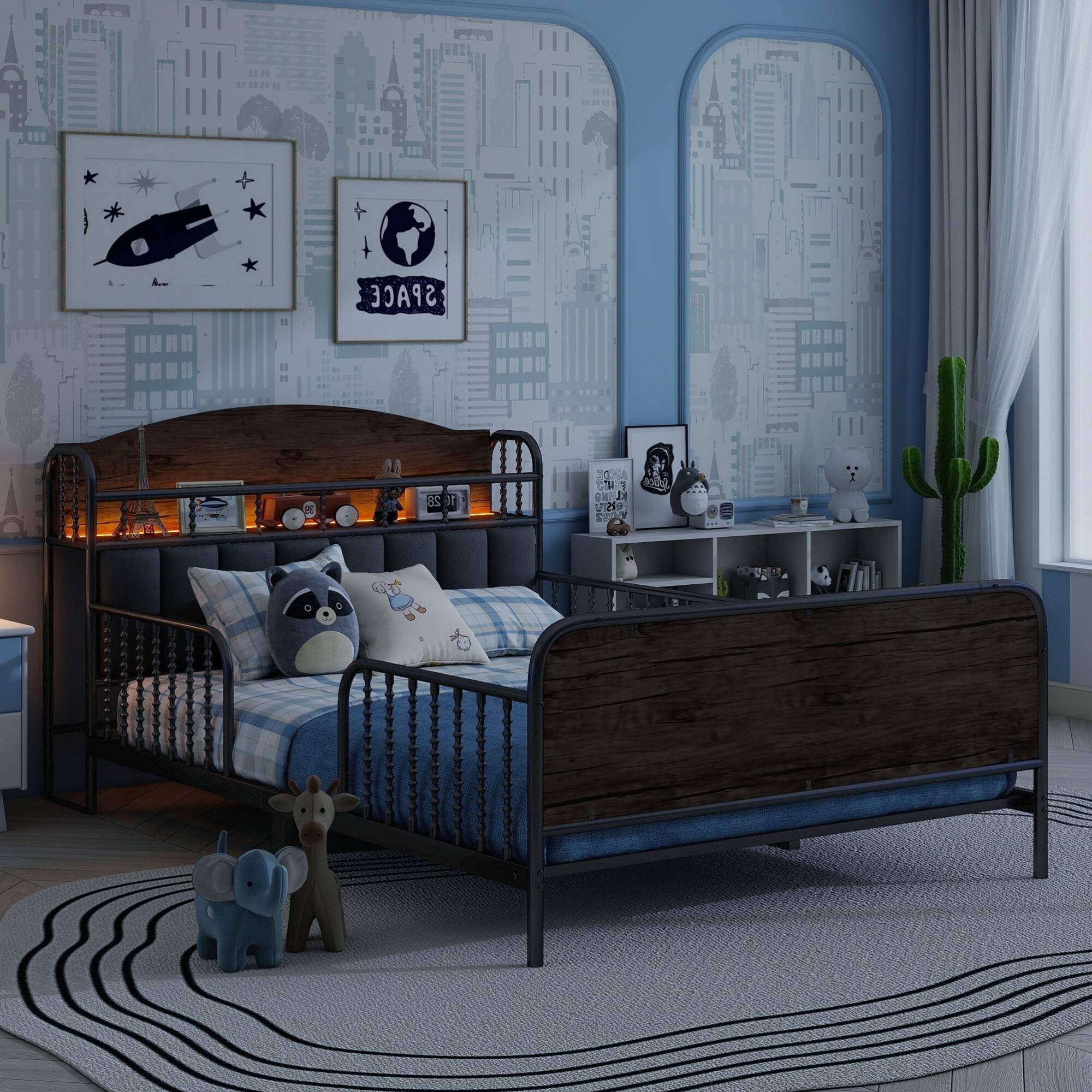 Angle. GOODSILO - Full Size Metal Platform Bed Frame with LED Lighting and Upholstered Storage Headboard - Black.