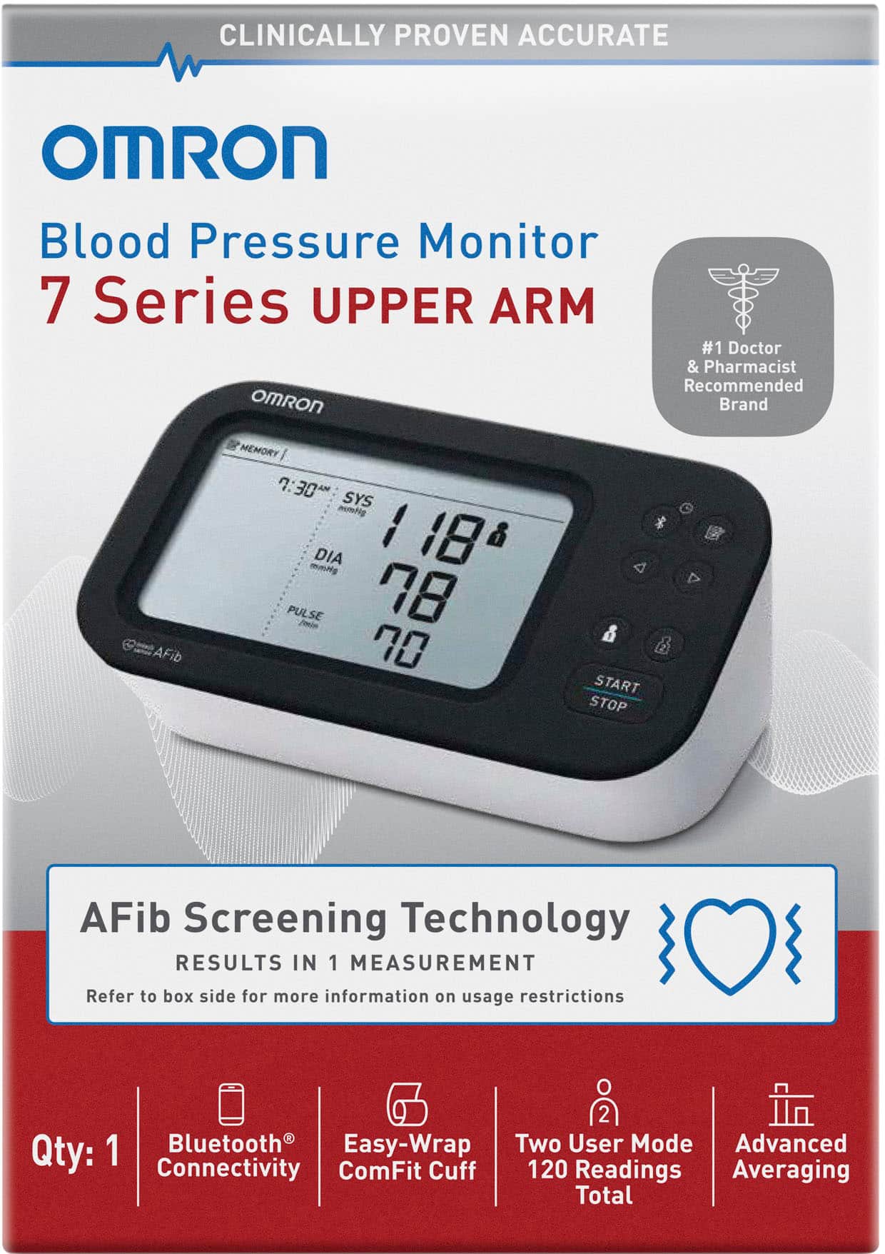 Clinically Proven Accurate Omron Blood Pressure Monitor 7 Series Upper Arm: #1 Doctor & Pharmacist Recommended Omron Brand AFib Memory 7:30t SYS momtig 1 18 DIA mmng PULSE /min 78 70 4 & START STOP A AFib Screening Technology RESULTS IN 1 MEASUREMENT Refer to box side for more information on usage restrictions 2 1 Bluetooth Easy-Wrap Two User Mode Advanced Qty: Connectivity ComFit Cuff 120 Readings Averaging Total.