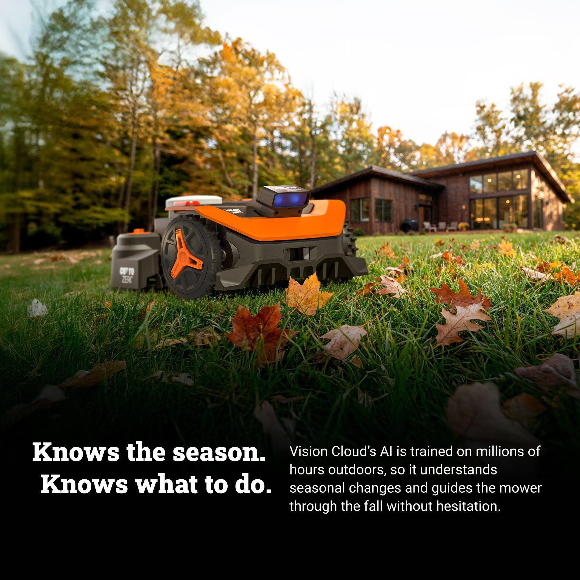 Knows the season.  
Knows what to do.  

Vision Cloud's AI is trained on millions of hours outdoors, so it understands seasonal changes and guides the mower through the fall without hesitation.