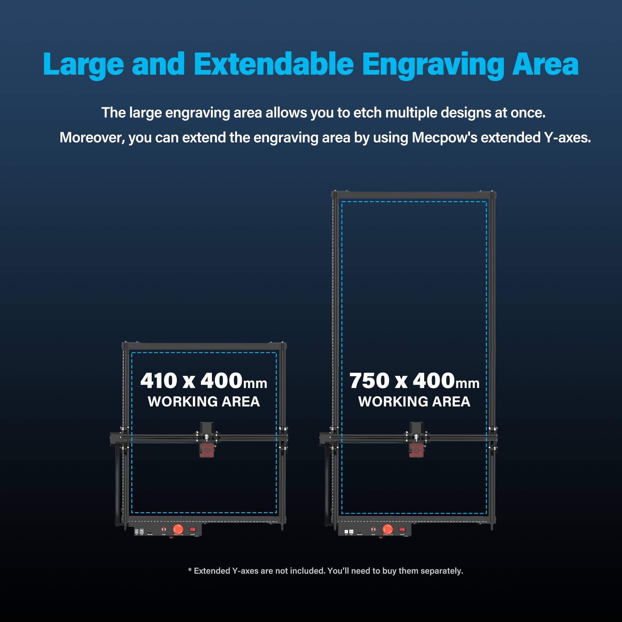 Large and Extendable Engraving Area: The large engraving area allows you to etch multiple designs at once. Moreover, you can extend the engraving area by using Mecow's extended Y-axes, which are not included and must be purchased separately. The working area measures 410 x 400mm, while the extended working area measures 750 x 400mm.