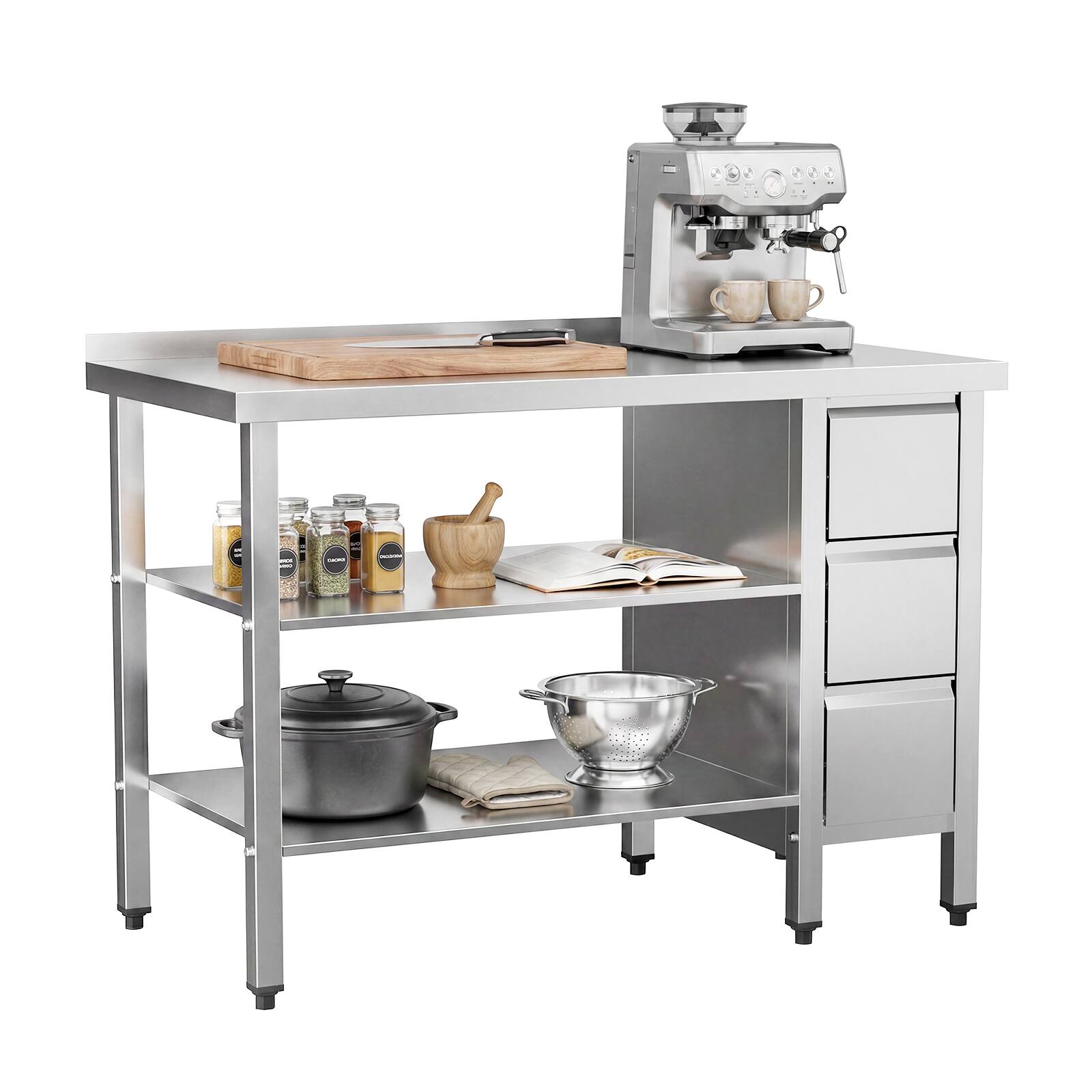 Angle. Winado - 47" x 24" Stainless Steel Table with Drawers, Backsplash, Undershelf for Home Kitchen Restaurant Hotel Garage Warehouse - Silver.