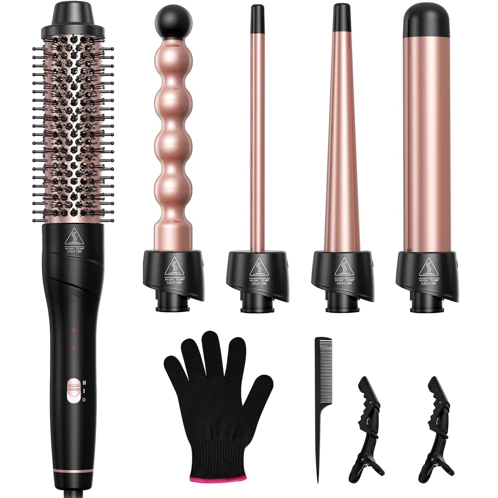 Live At Space - 5 In 1 Curling Iron With Thermal Brush And 4 Interchangeable Ceramic Barrels(1/2 To 1 1/2 Inch) Wand Set Flat - Rose Gold Curling Wand Set