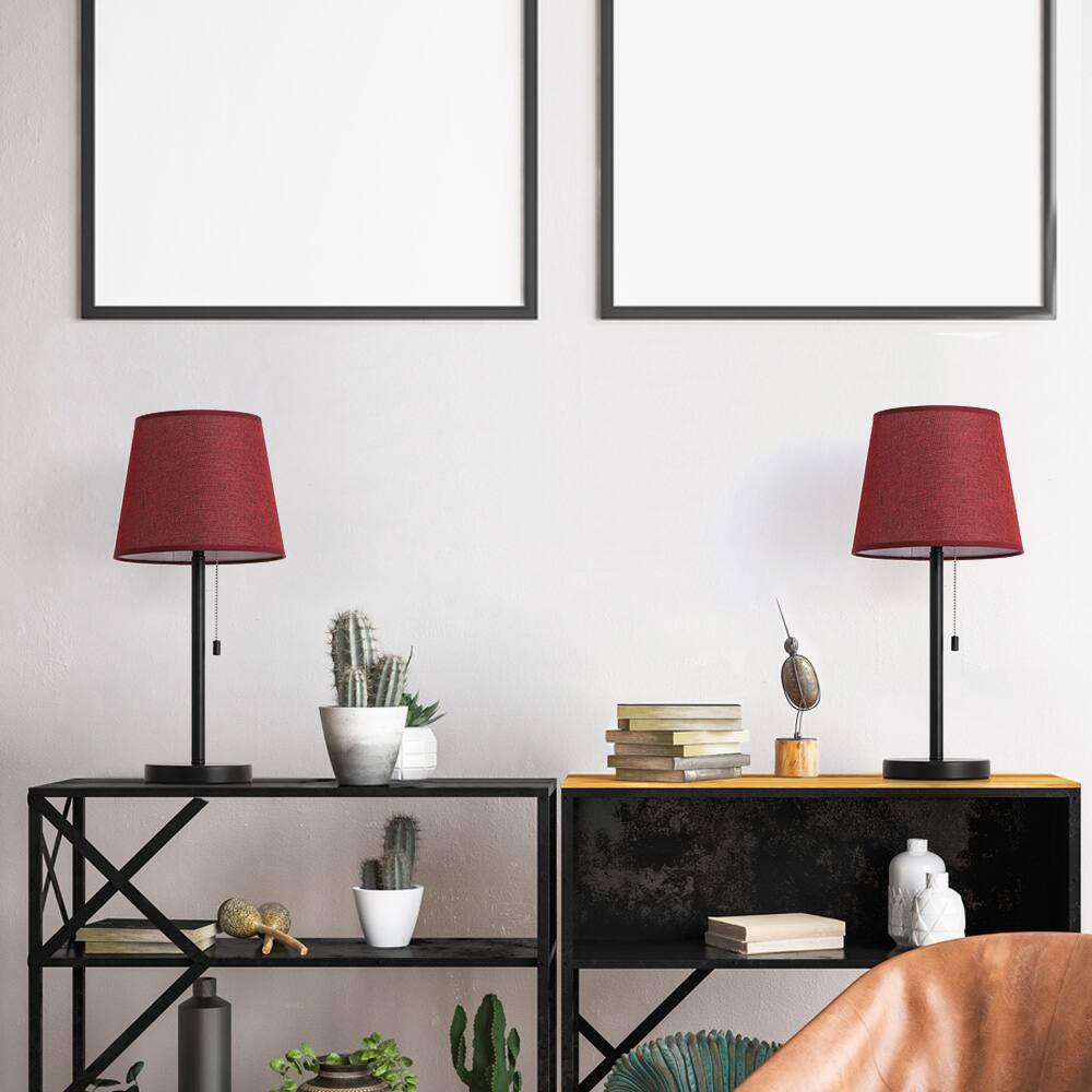 Alt View 2. Oumilen - Pull Chain Black Metal Table Lamp with Fabric Shade, Red.