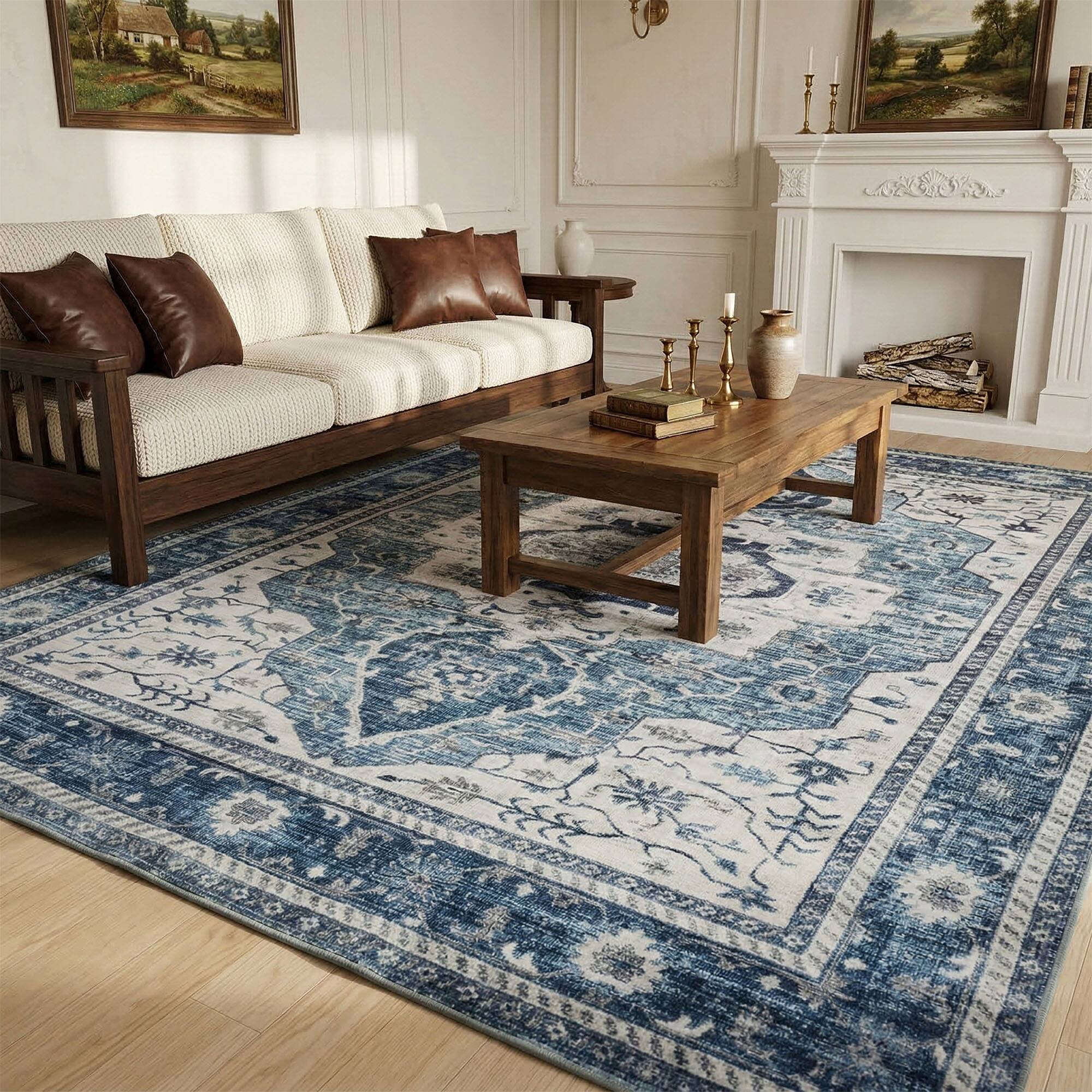 Angle. RYHNUYNE - 8x10 Area Rugs Living Room Rug, Washable Vintage Medallion Rug, Soft Carpet for Dining Room Bedroom Home Office(Blue) - Blue.