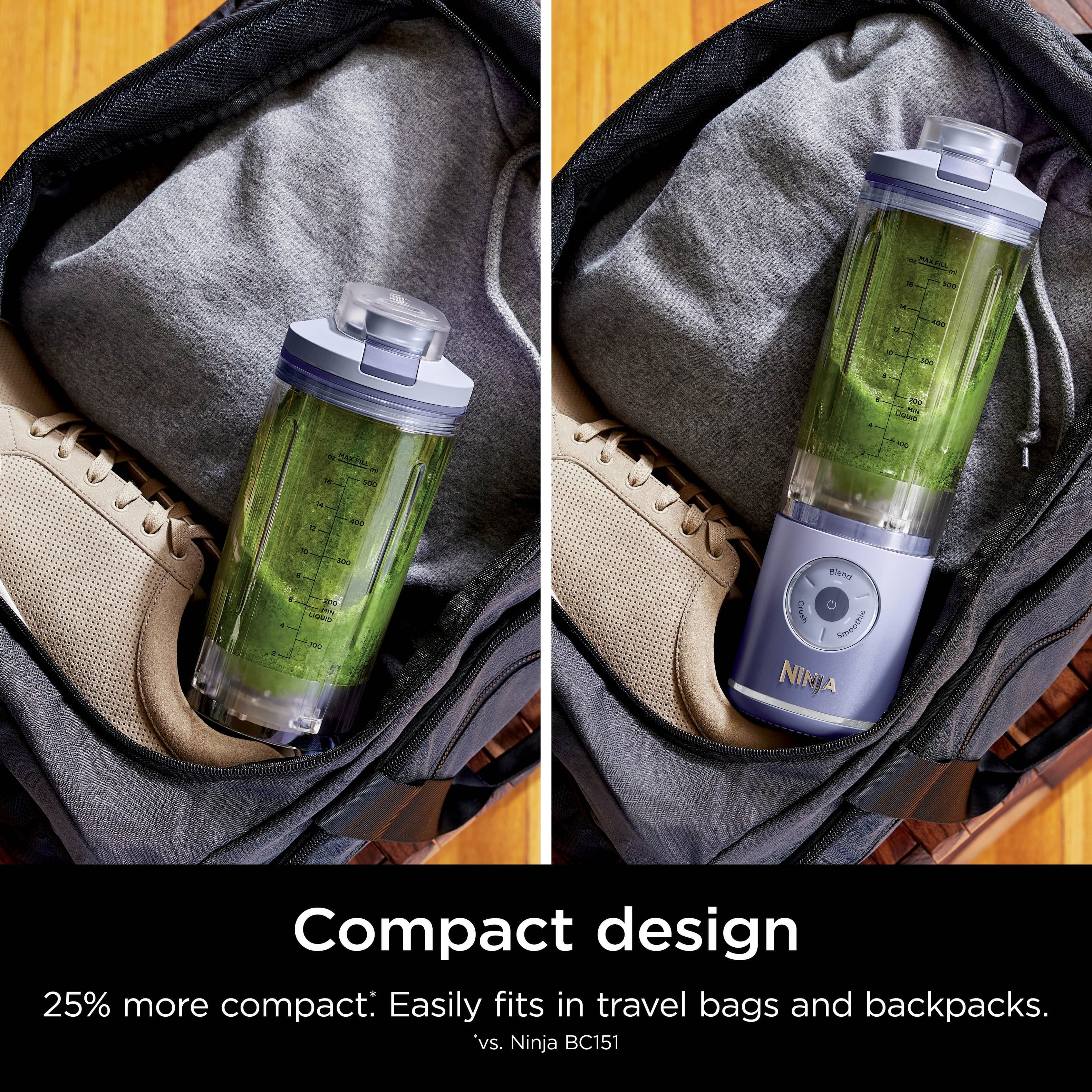 The text on the image reads: "Compact design 25% more compact: Easily fits in travel bags and backpacks. vs. Ninja BC151."