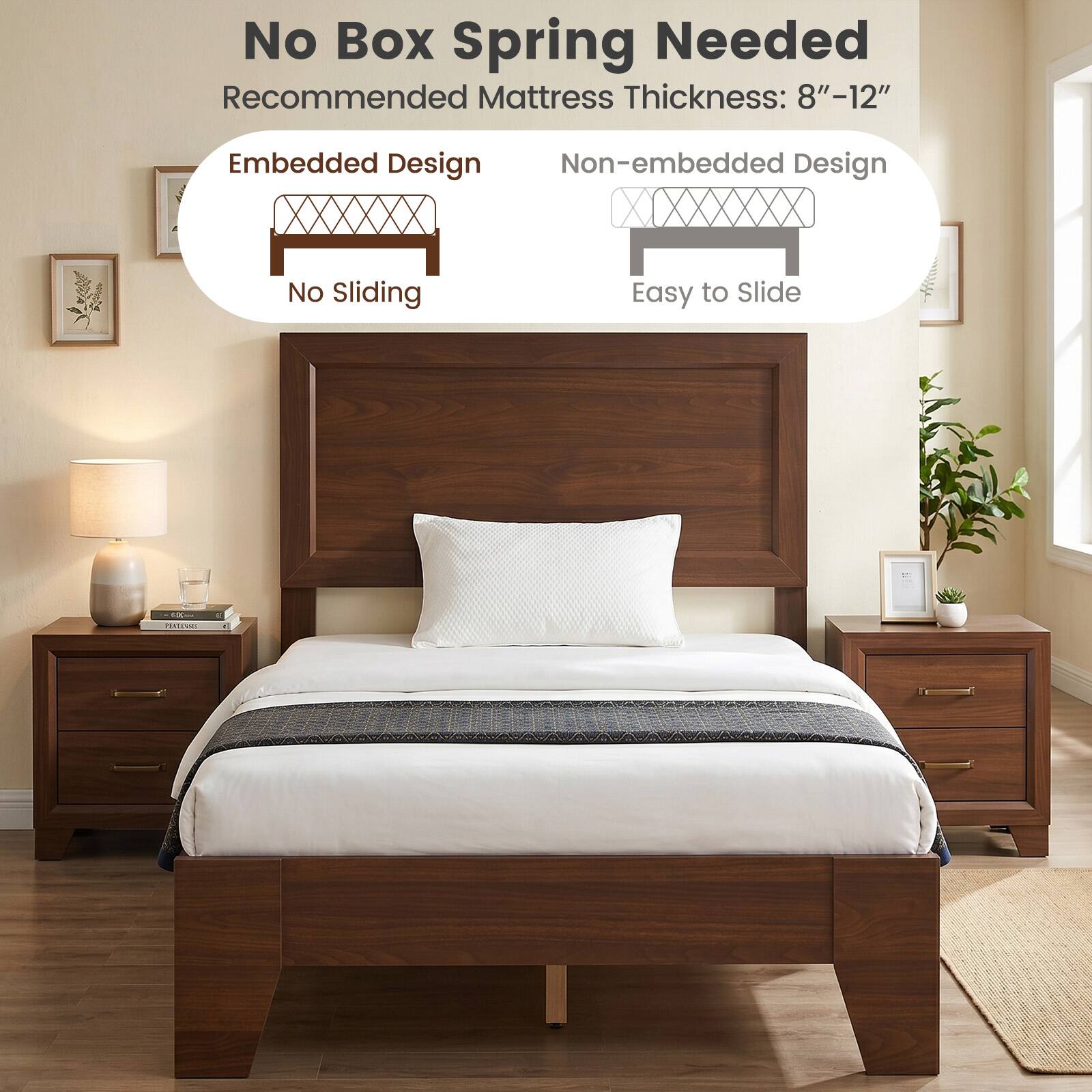 No Box Spring Needed  
Recommended Mattress Thickness: 8"-12"  

Embedded Design  
No Sliding  

Non-embedded Design  
Easy to Slide