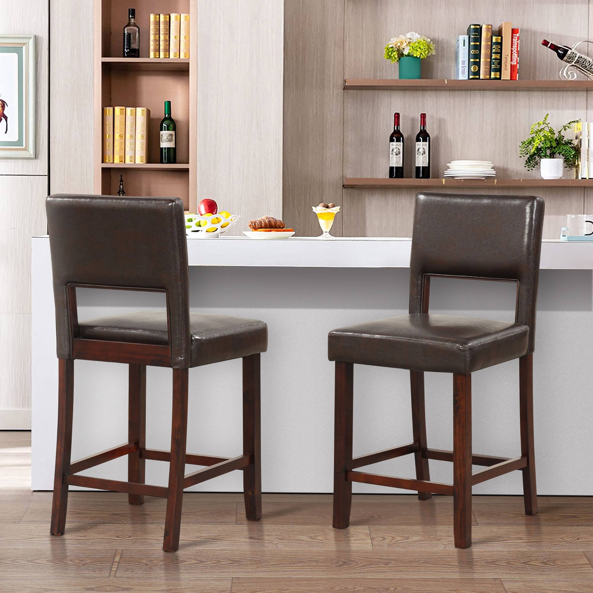 Alt View 1. Gymax - Gymax 4-Piece PVC Leather Counter Height Bar Stool Set w/ Back & Rubber Wood Legs Brown - Brown.