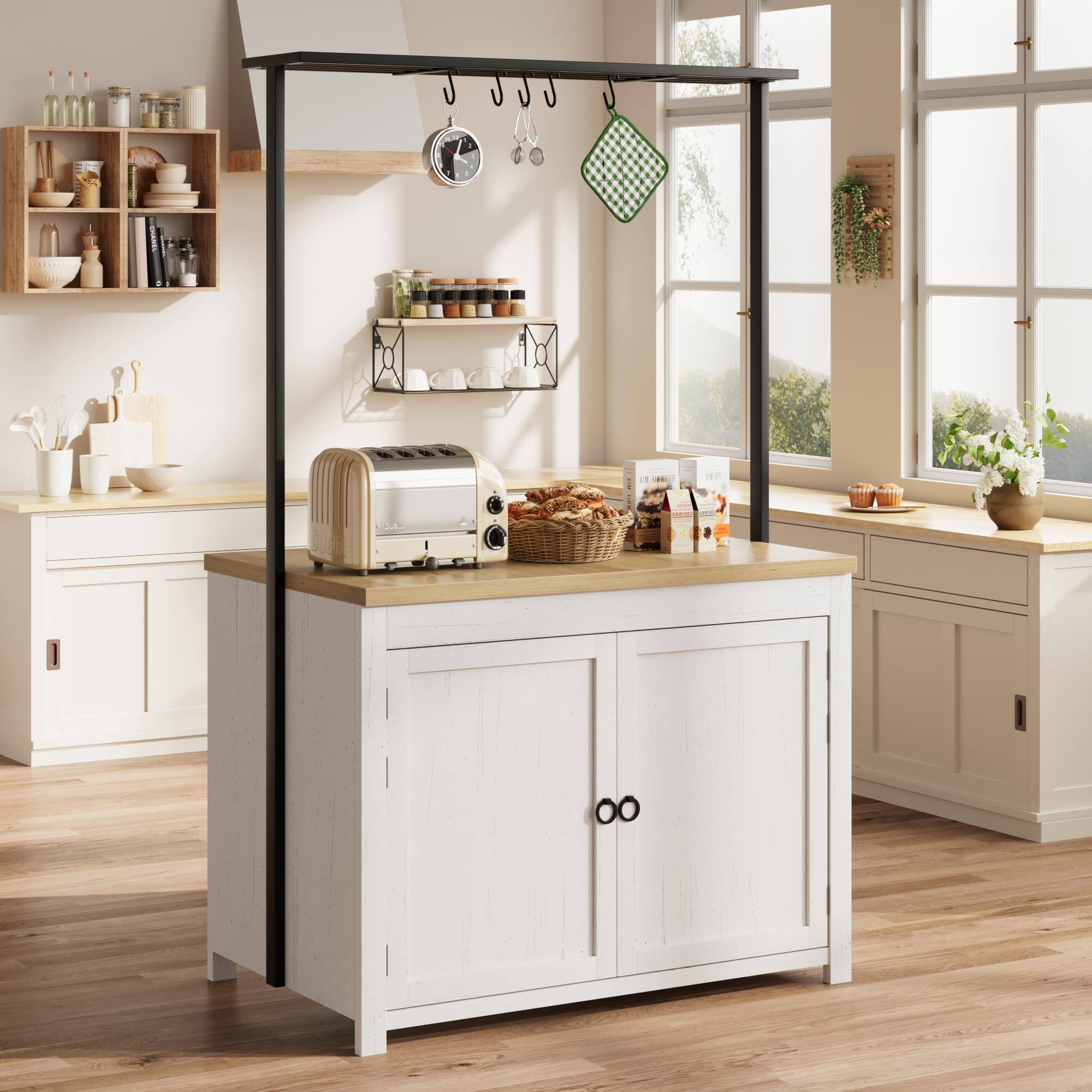 Front. Babevy - 42" Kitchen Island with 30mm Countertop - Multi-Functional Storage Cart with 3-Tier Shelves, 5 Hooks, Wood Bakers Rack - White.