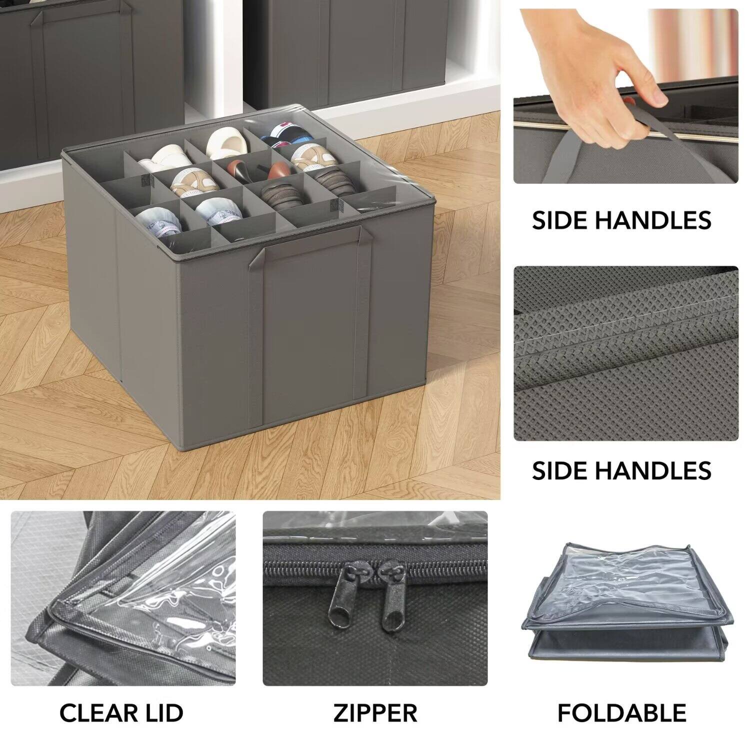 - SIDE HANDLES
- SIDE HANDLES
- CLEAR LID
- ZIPPER
- FOLDABLE