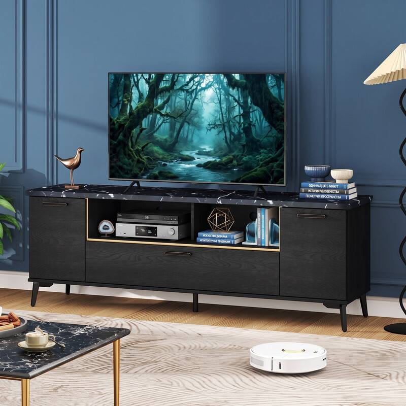 Back. WELLFOR - Mid Century Modern TV Stand for TVs up to 75 Inch,Entertainment Center with Flip Door Cabinet - Black.