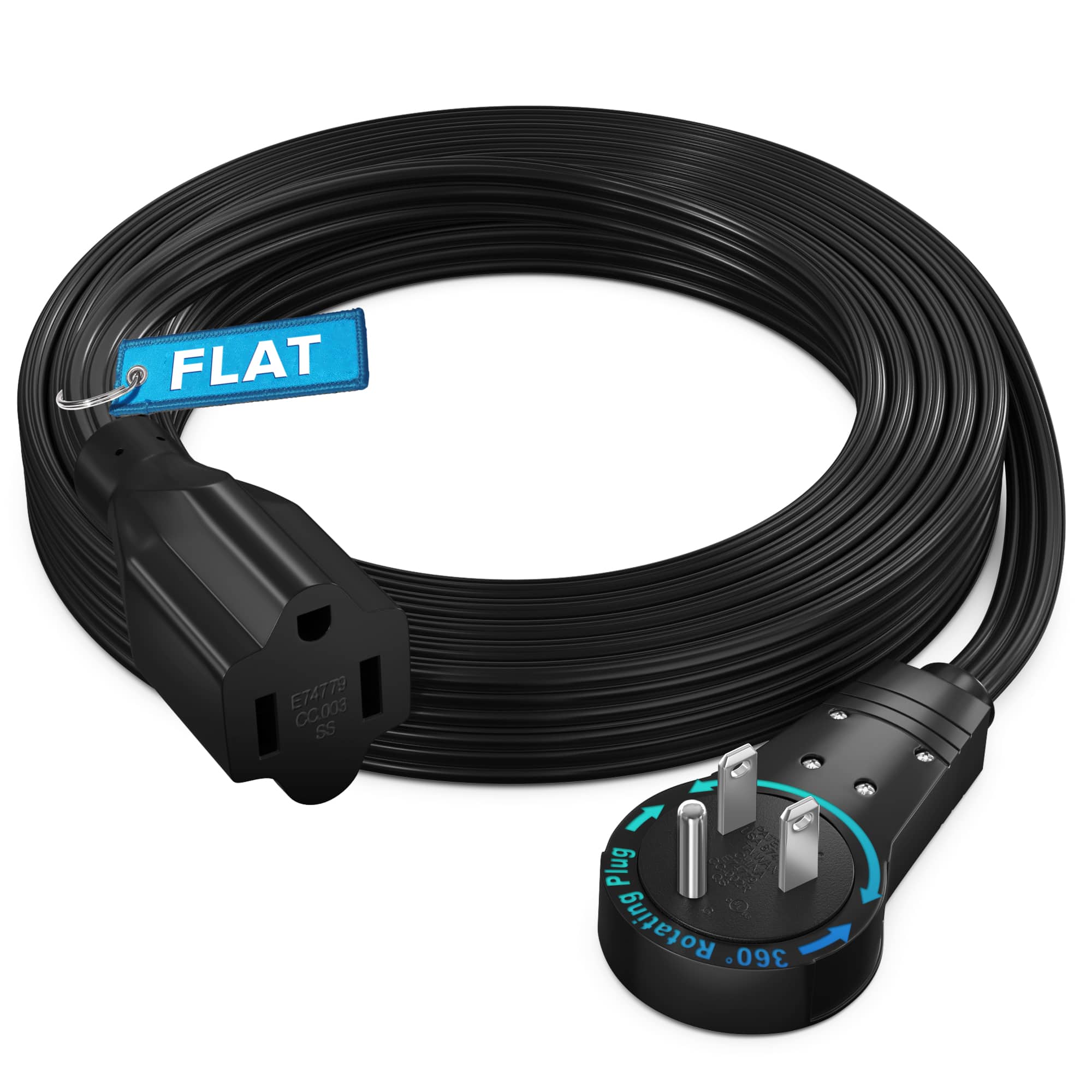 Maximm - 360° Rotating Flat Plug Extension Cord 10 feet Flat Cord Under Carpet with Slim Space-Saving Plug Design - Black