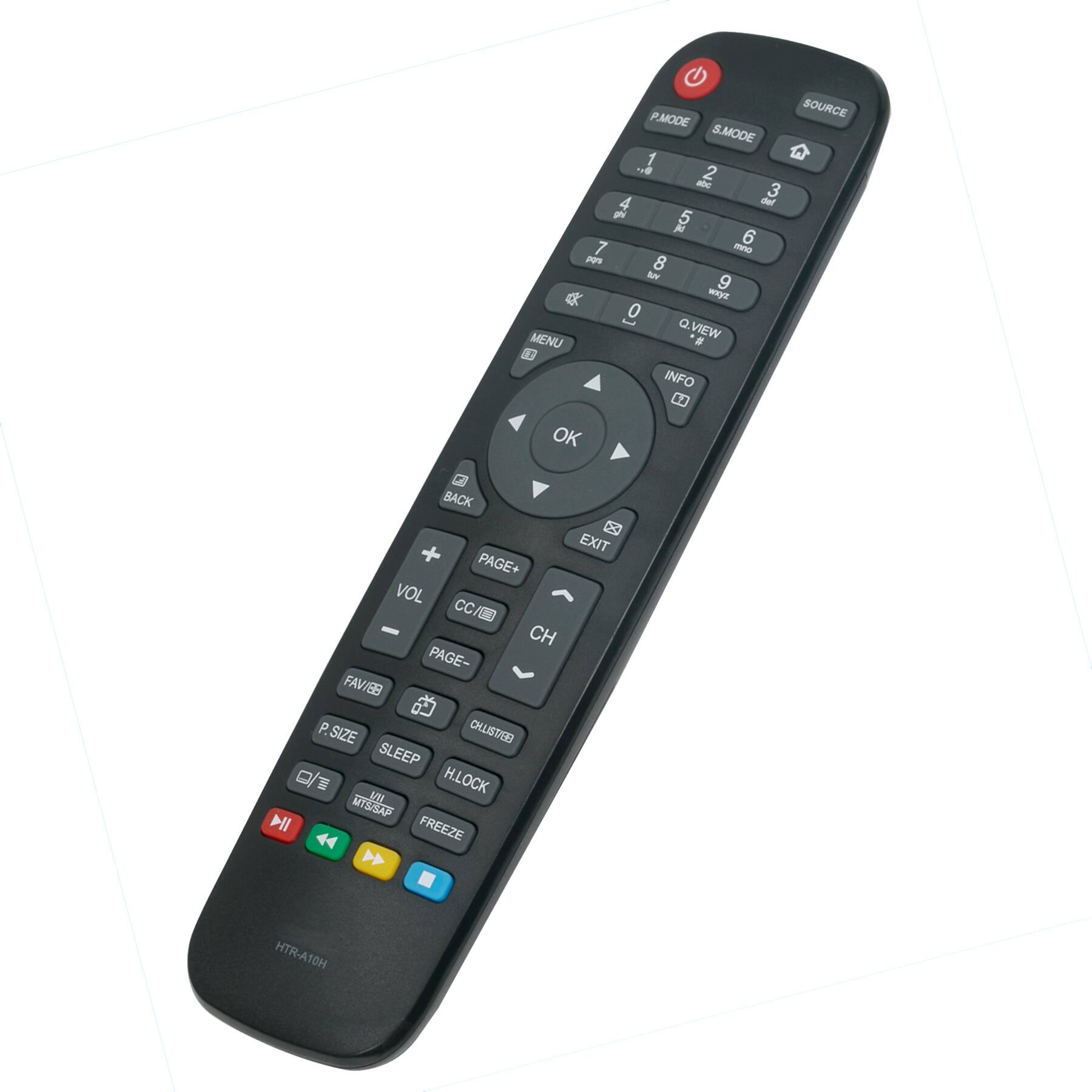 P.MODE S.MODE 1 2 3 4 det 5 A 6 7 mno p 8 W 9 wy 0 [ Q VIEW *# MENU 4. INFO OK SOURCE F BACK EXIT PAGE+ VOL CC/1 CH PAGE- FAV/EB P SIZE OHUSTED SLEEP D m H.LOCK MTS I FREEZE 44 H HTR-A10H