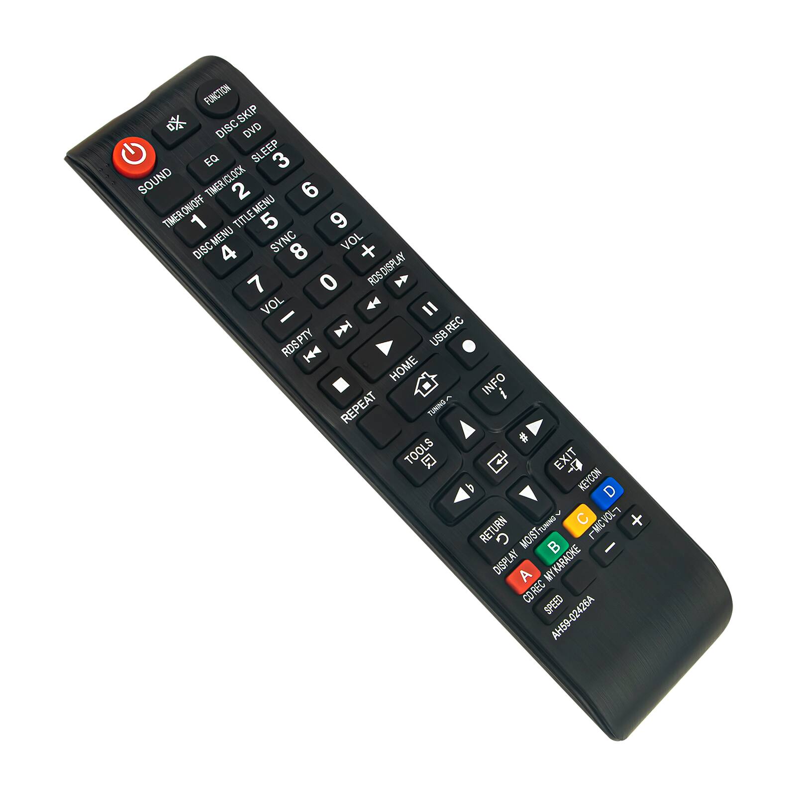 FUNCTION SKIP DISC DVD EQ SLEEP 3 SOUND TIMER/CLOCK 2 6 TIMER ON/OFF TIMER 1 TITLE MENU 5 9 DISC MENU DISC SYNC 8 VOL + 4 LAY 7 0 RDS DISPLAY VOL - D USB REC REC RDSPTY USB K4 HOME INFO i REPEAT TUNING # TOOLS D C EXIT S KEY CON D VOLT TUNING C RETURN MO/ST TUNIN MO/ST B FMIC - DISPLAY LAY MY KARAOKE A MY CO REC SPEED AH59-02426A