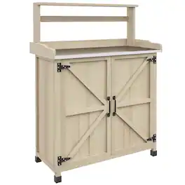 Outsunny - Wooden Potting Bench with Storage Cabinet, Shelves, Galvanized Plated Tabletop for Backyard - Natural Wood
