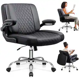 KERDOM - Ergonomic Home Office Chair with Flip Backrest & Arms, Thickened Waterproof PU Leather, Swivel Wide Seat Vanity Chair - Black