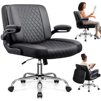 Front. KERDOM - Ergonomic Home Office Chair with Flip Backrest & Arms, Thickened Waterproof PU Leather, Swivel Wide Seat Vanity Chair - Black.