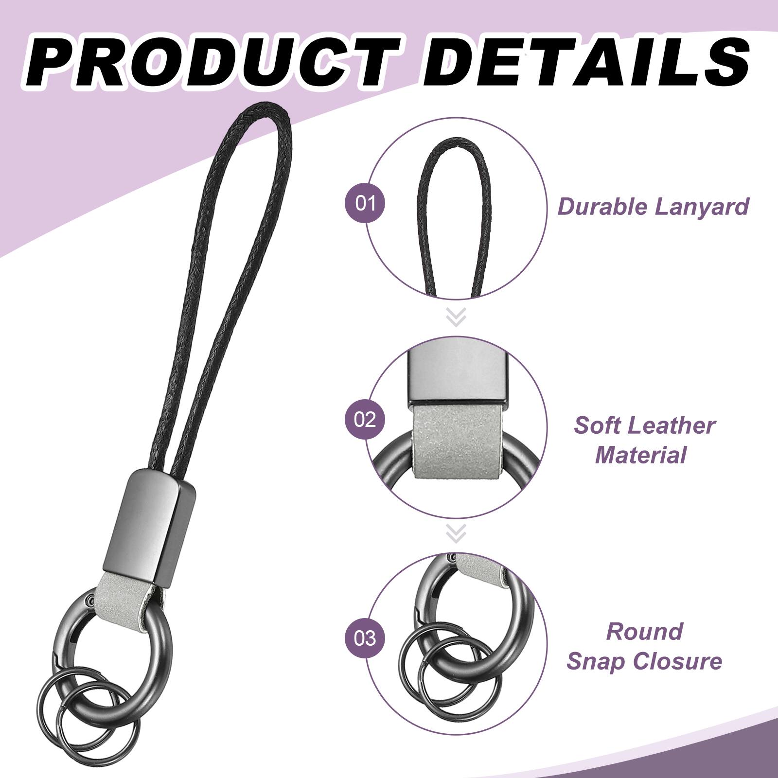 PRODUCT DETAILS  
01 Durable Lanyard  
02 Soft Leather Material  
03 Round Snap Closure