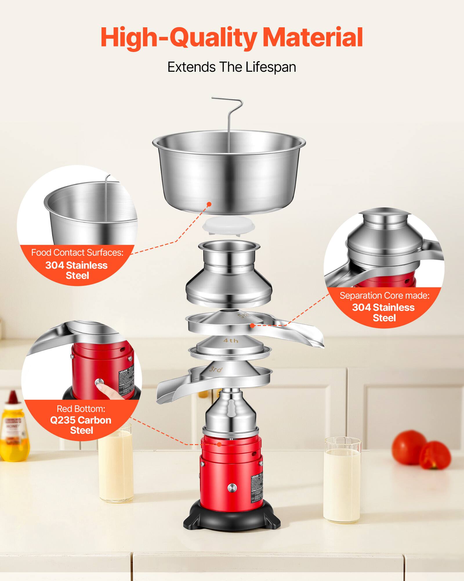 High-Quality Material Extends The Lifespan

Food Contact Surfaces: 304 Stainless Steel

Separation Core made: 304 Stainless Steel

Red Bottom: Q235 Carbon Steel