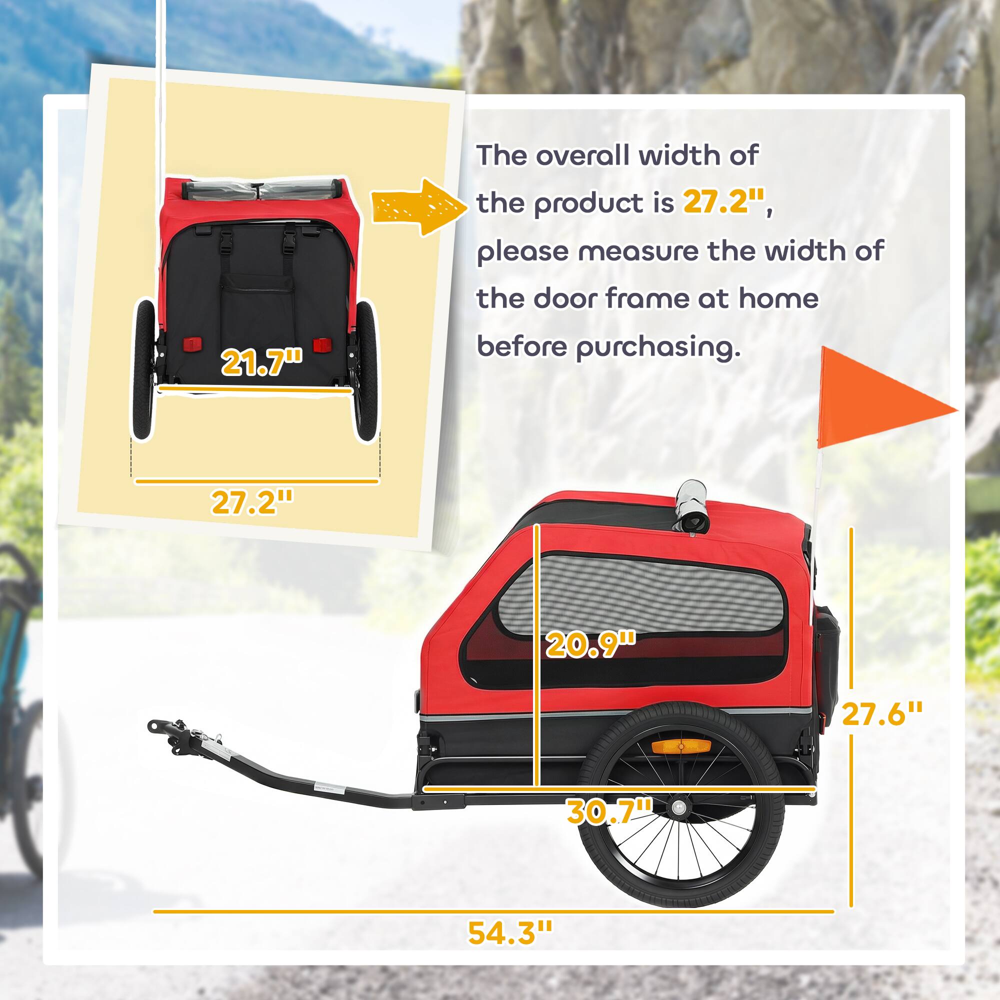 The overall width of the product is 27.2", please measure the width of the door frame at home before purchasing.

21.7"  
27.2"  
20.9"  
27.6"  
30.7"  
54.3"