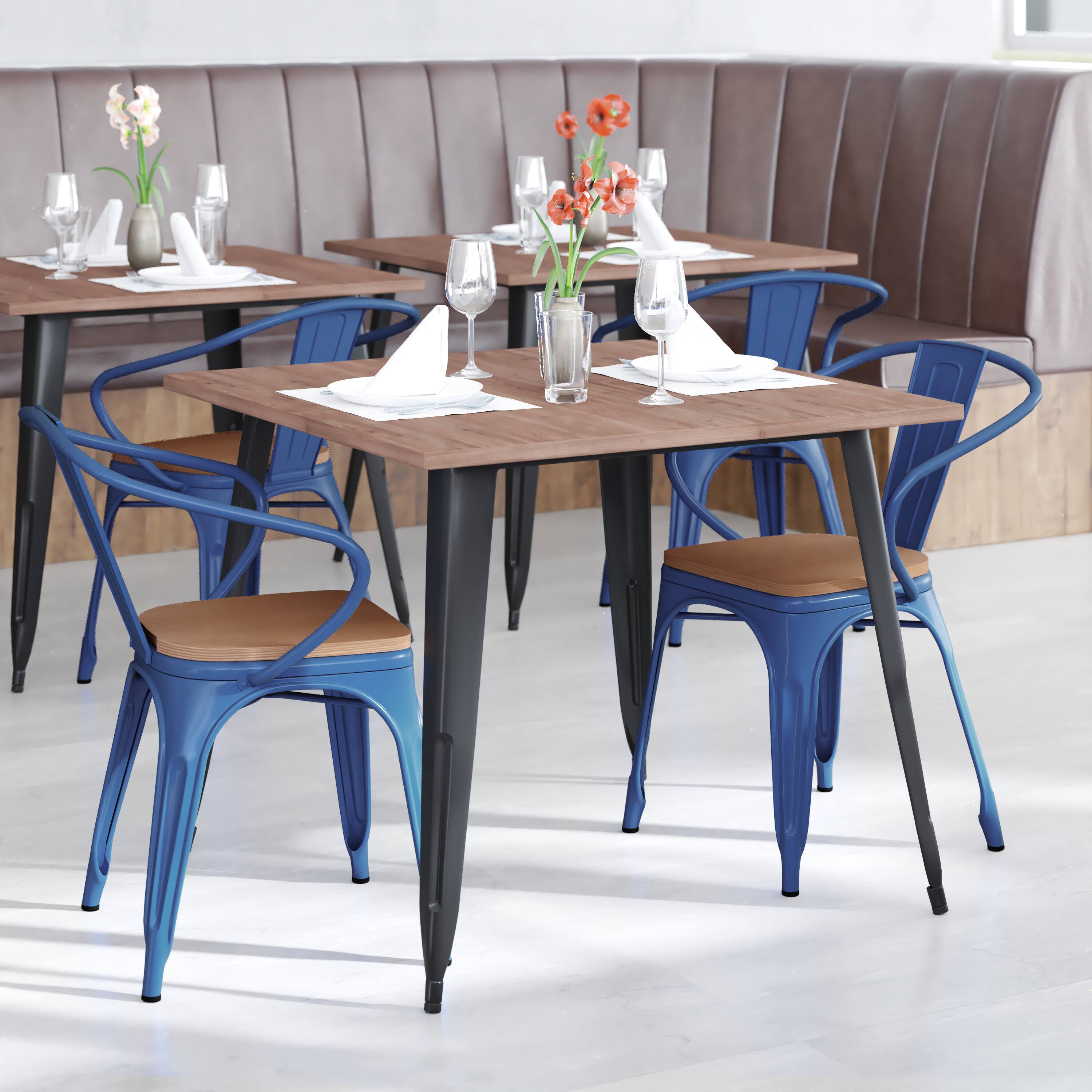 Alt View 1. Emma + Oliver - Alva Metal Indoor-Outdoor Stacking Chair with Vertical Slat Back, Arms and All-Weather Polystyrene Seat - Teak Seat/Blue Frame.