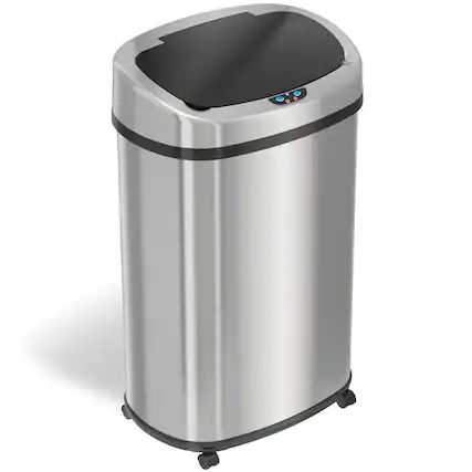 Front. iTouchless - 13 Gallon Oval Stainless Steel Sensor Kitchen Trash Can with Wheels and AbsorbX Odor Filter - Silver.