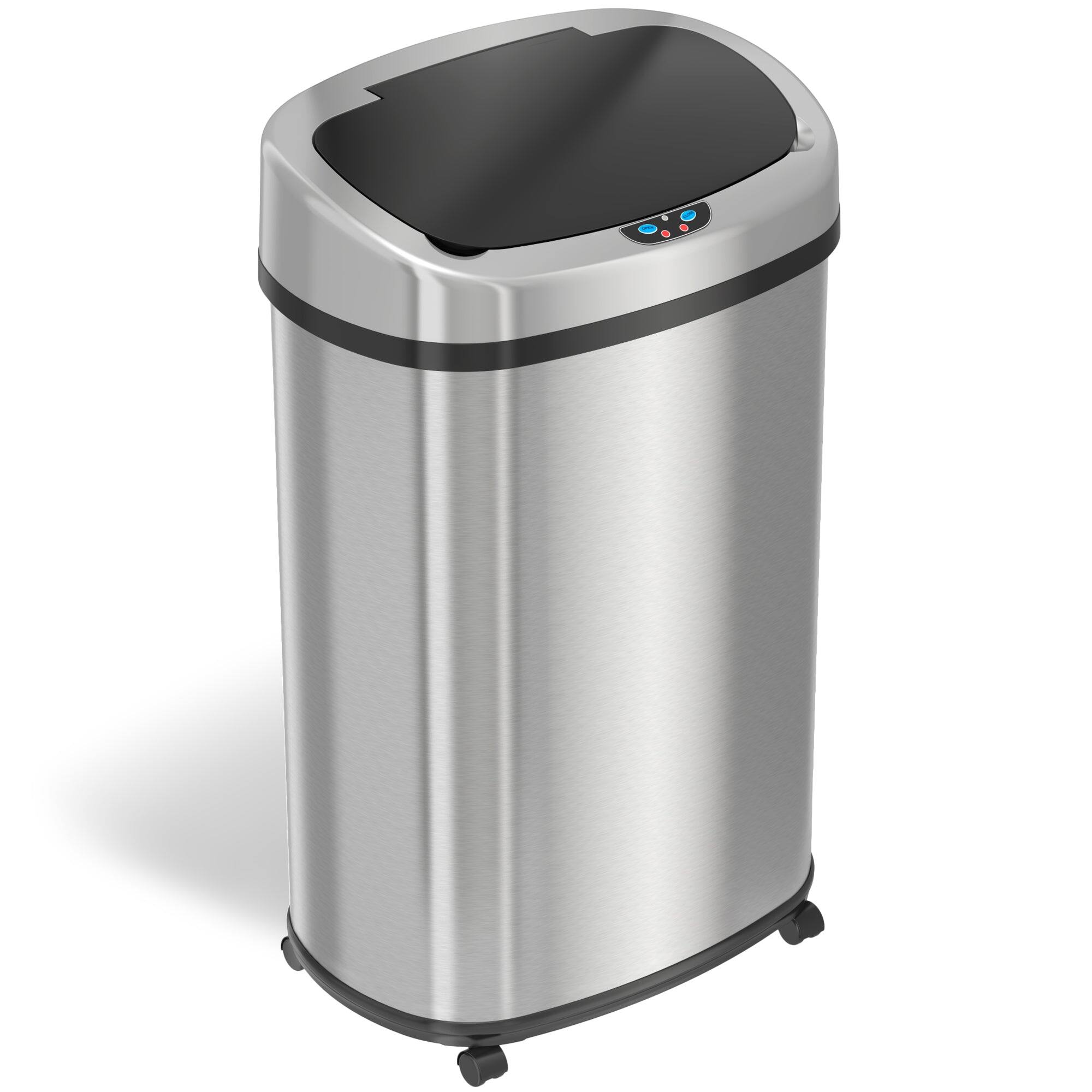 iTouchless - 13 Gallon Oval Stainless Steel Sensor Kitchen Trash Can with Wheels and AbsorbX Odor Filter - Silver