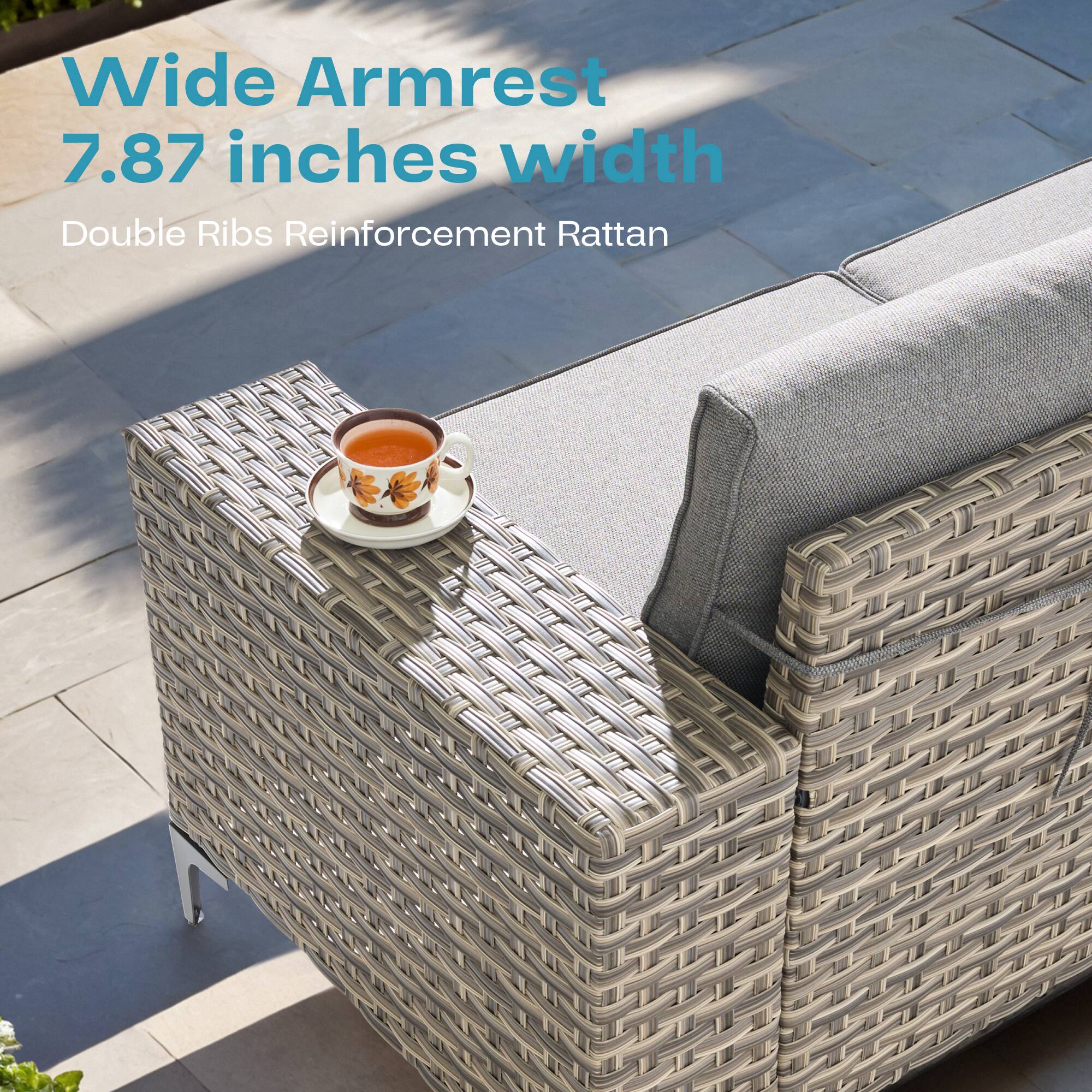 Wide Armrest  
7.87 inches width  
Double Ribs Reinforcement Rattan