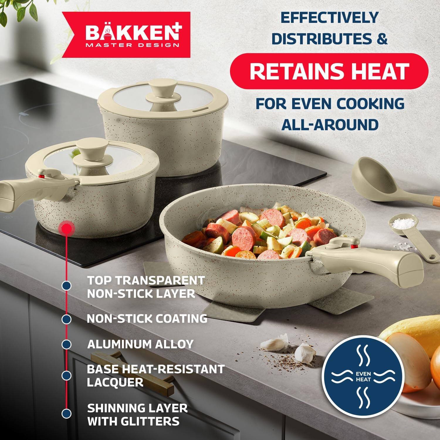 BÄKKEN  
MASTER DESIGN

EFFECTIVELY DISTRIBUTES &  
RETAINS HEAT  
FOR EVEN COOKING ALL-AROUND

- TOP TRANSPARENT NON-STICK LAYER
- NON-STICK COATING
- ALUMINUM ALLOY
- BASE HEAT-RESISTANT LACQUER
- SHINNING LAYER WITH GLITTERS

EVEN HEAT