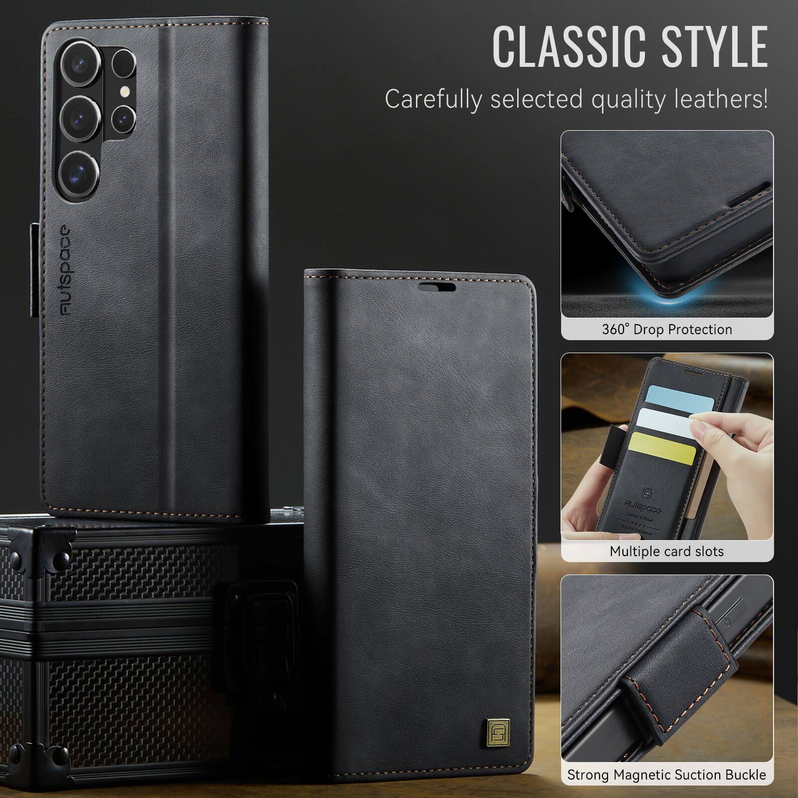 CLASSIC STYLE  
Carefully selected quality leathers!  

- 360° Drop Protection  
- Multiple card slots  
- Strong Magnetic Suction Buckle