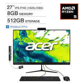 Acer - Aspire C27 All-in-One 27 FHD Display (Ryzen 5 7430U, 8GB, 512GB SSD, AMD Radeon, WiFi 6E, Win 11 Home) w/USB Hub - Black